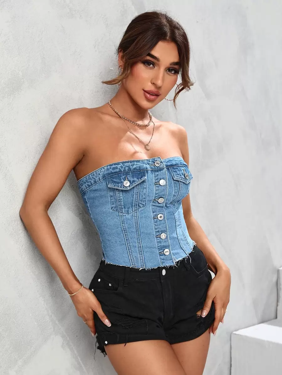 SHEIN Unity Flap Pocket Button Front Tube Denim Top - Light Wash - View 1