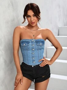 SHEIN Unity Flap Pocket Button Front Tube Denim Top - Light Wash - View 3