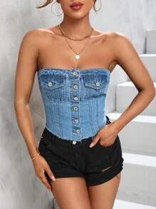 SHEIN Unity Flap Pocket Button Front Tube Denim Top - Light Wash - View 5