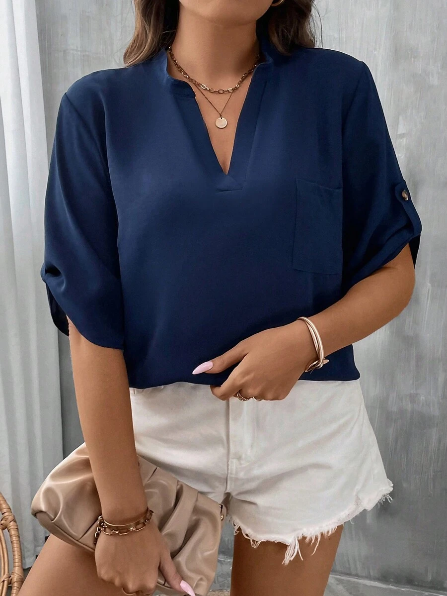 SHEIN LUNE Áo sơ mi Plus Size Túi màu trơn Giải trí - Màu xanh hải quân - Xem 1