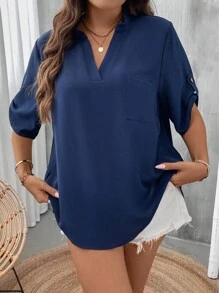 SHEIN LUNE Áo sơ mi Plus Size Túi màu trơn Giải trí - Màu xanh hải quân - Xem 3