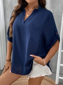 SHEIN LUNE Áo sơ mi Plus Size Túi màu trơn Giải trí - Màu xanh hải quân - Xem 4