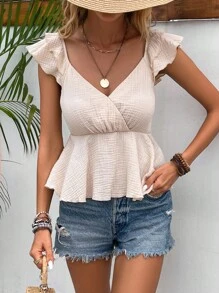 SHEIN Frenchy 蝴蝶袖荷葉邊下擺襯衫 - 杏色 - 查看 4