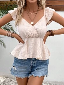 SHEIN Frenchy 蝴蝶袖荷葉邊下擺襯衫 - 杏色 - 查看 1