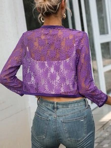 SHEIN Privé 開門襟短款蕾絲夾克 - 紫色 - 查看 2