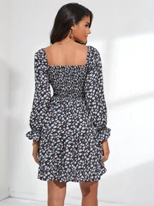 Aveloria Ditsy Floral Print Flounce Sleeve Dress Fall Cloth For Women