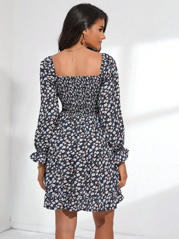 Ditsy Floral Print Flounce Sleeve Dress Fall Cloth For Women