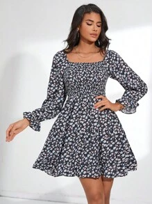 Aveloria Ditsy Floral Print Flounce Sleeve Dress Fall Cloth For Women