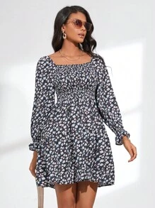 Aveloria Ditsy Floral Print Flounce Sleeve Dress Fall Cloth For Women