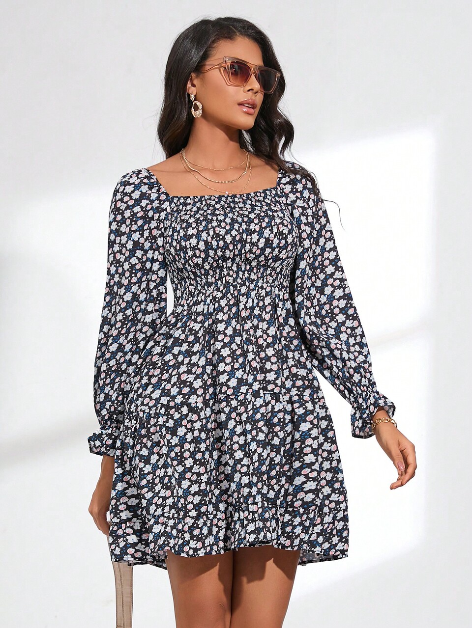 Ditsy Floral Print Flounce Sleeve Dress Fall Cloth For Women