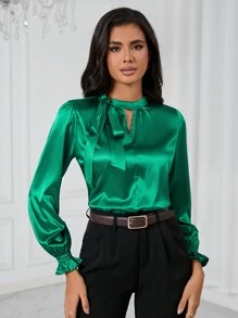 SHEIN BIZwear Cà vạt Tay áo loe Xa ten Áo sơ mi Trang phục làm việc - màu xanh lá - Xem 1