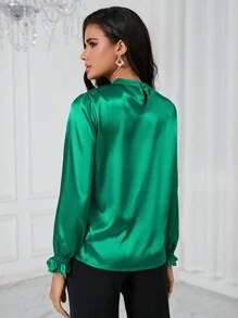 SHEIN BIZwear Cà vạt Tay áo loe Xa ten Áo sơ mi Trang phục làm việc - màu xanh lá - Xem 2