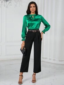 SHEIN BIZwear Cà vạt Tay áo loe Xa ten Áo sơ mi Trang phục làm việc - màu xanh lá - Xem 3