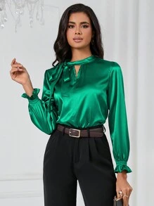 SHEIN BIZwear Cà vạt Tay áo loe Xa ten Áo sơ mi Trang phục làm việc - màu xanh lá - Xem 5