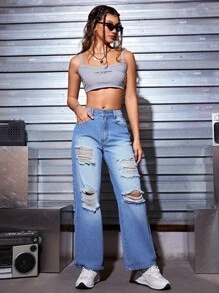SHEIN Coolane Quần jean nữ Túi Bị tách Dây kéo màu trơn - Rửa trung bình - Xem 1