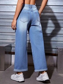 SHEIN Coolane Quần jean nữ Túi Bị tách Dây kéo màu trơn - Rửa trung bình - Xem 2