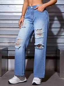 SHEIN Coolane Quần jean nữ Túi Bị tách Dây kéo màu trơn - Rửa trung bình - Xem 3