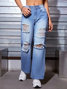 SHEIN Coolane Quần jean nữ Túi Bị tách Dây kéo màu trơn - Rửa trung bình - Xem 4