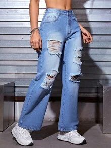 SHEIN Coolane Quần jean nữ Túi Bị tách Dây kéo màu trơn - Rửa trung bình - Xem 6