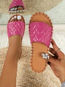 Dép trượt một băng chần bông cho nữ, Dép đế phẳng màu hồng nóng bỏng cho kỳ nghỉ ngoài trời - Màu Hồng Tươi - Xem 1