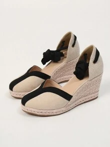 女士腿部繫帶設計草編鞋底坡跟鞋,度假戶外仿麂皮條帶淺口坡跟鞋