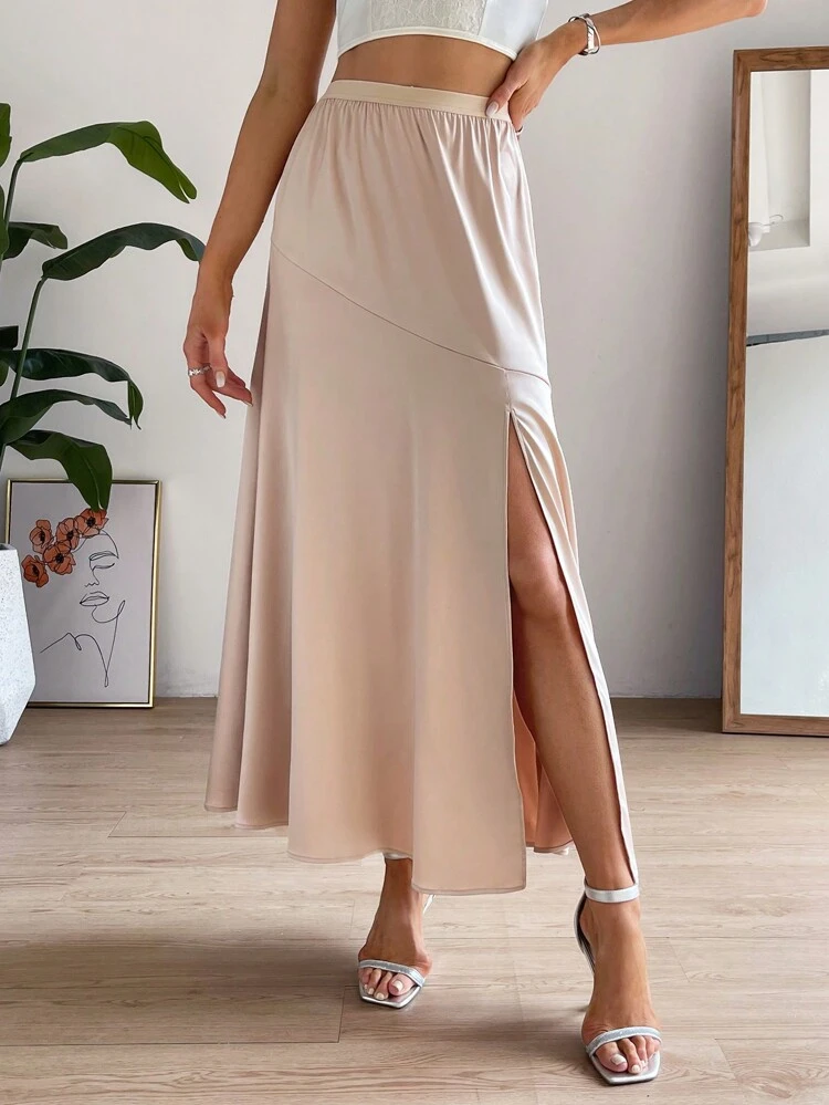 Solid Split Thigh Skirt