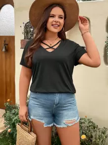 SHEIN LUNE 大碼前交叉T恤 - 黑色 - 查看 3