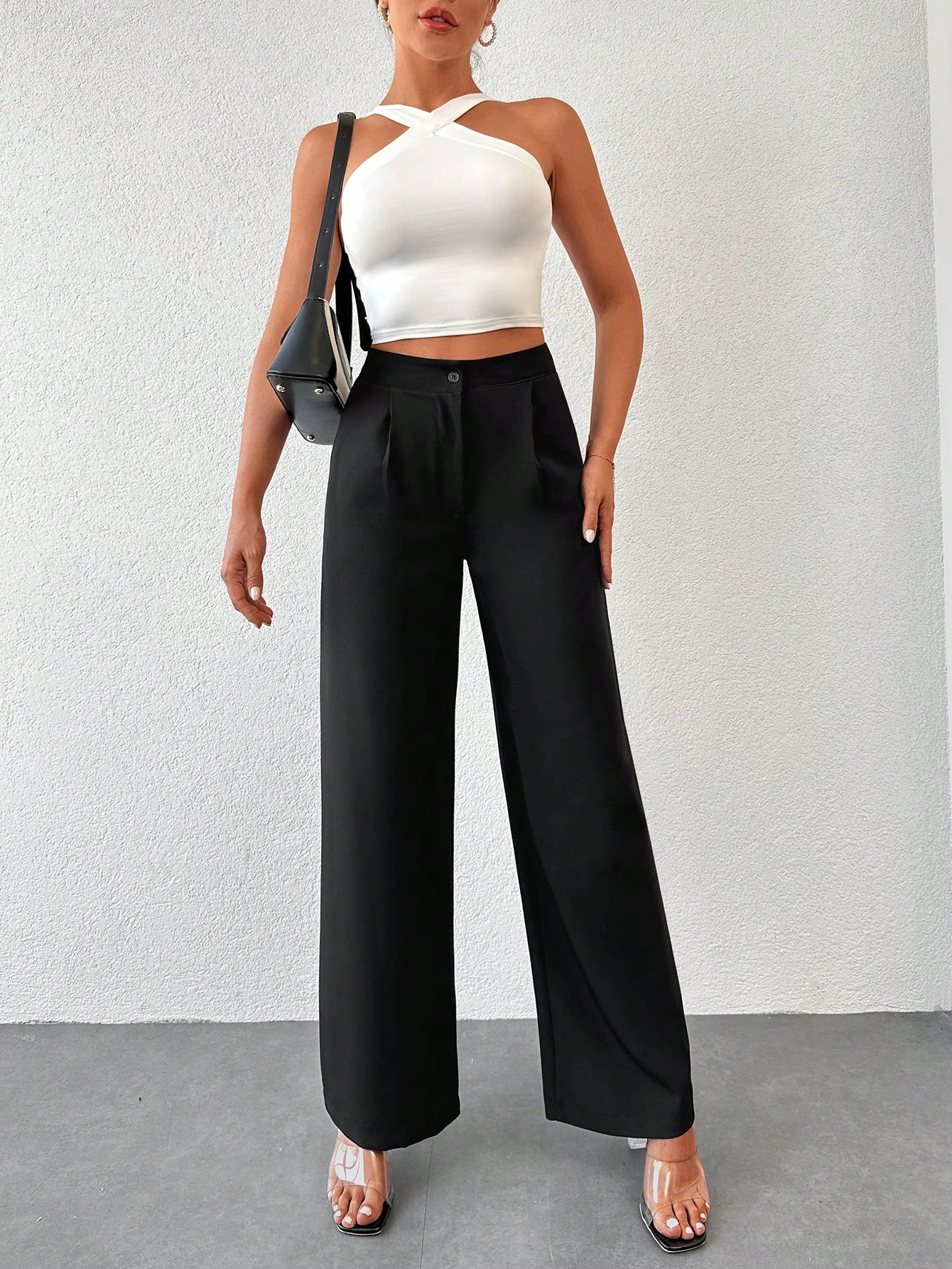 Pantalon Ample Zara Femme - Noir, Taille Haute Avec Lien, Occasion Très Bon état