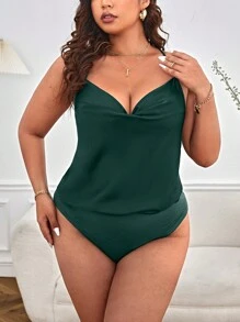 SHEIN Privé Plus Draped Collar Cami Bodysuit - Dark Green - View 3