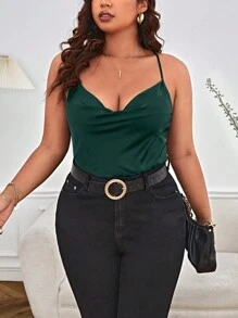 SHEIN Privé Plus Draped Collar Cami Bodysuit - Dark Green - View 4