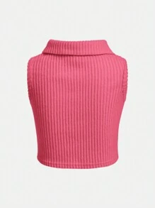 SHEIN Tank Tops & Camis Bé Gái Gân đan Nút phía trước màu trơn Giải trí - Màu Hồng Tươi - Xem 2