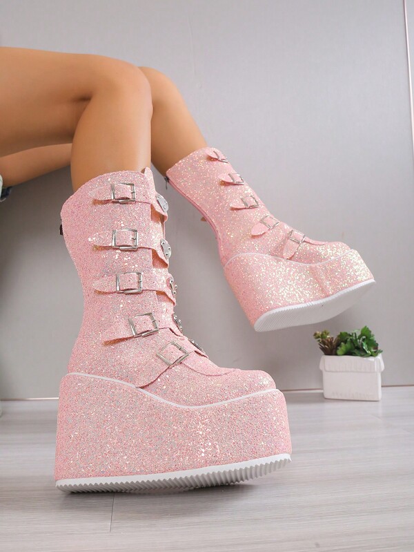 Women Metal Heart & Buckle Decor Wedge Boots, Glamorous Pink Glitter