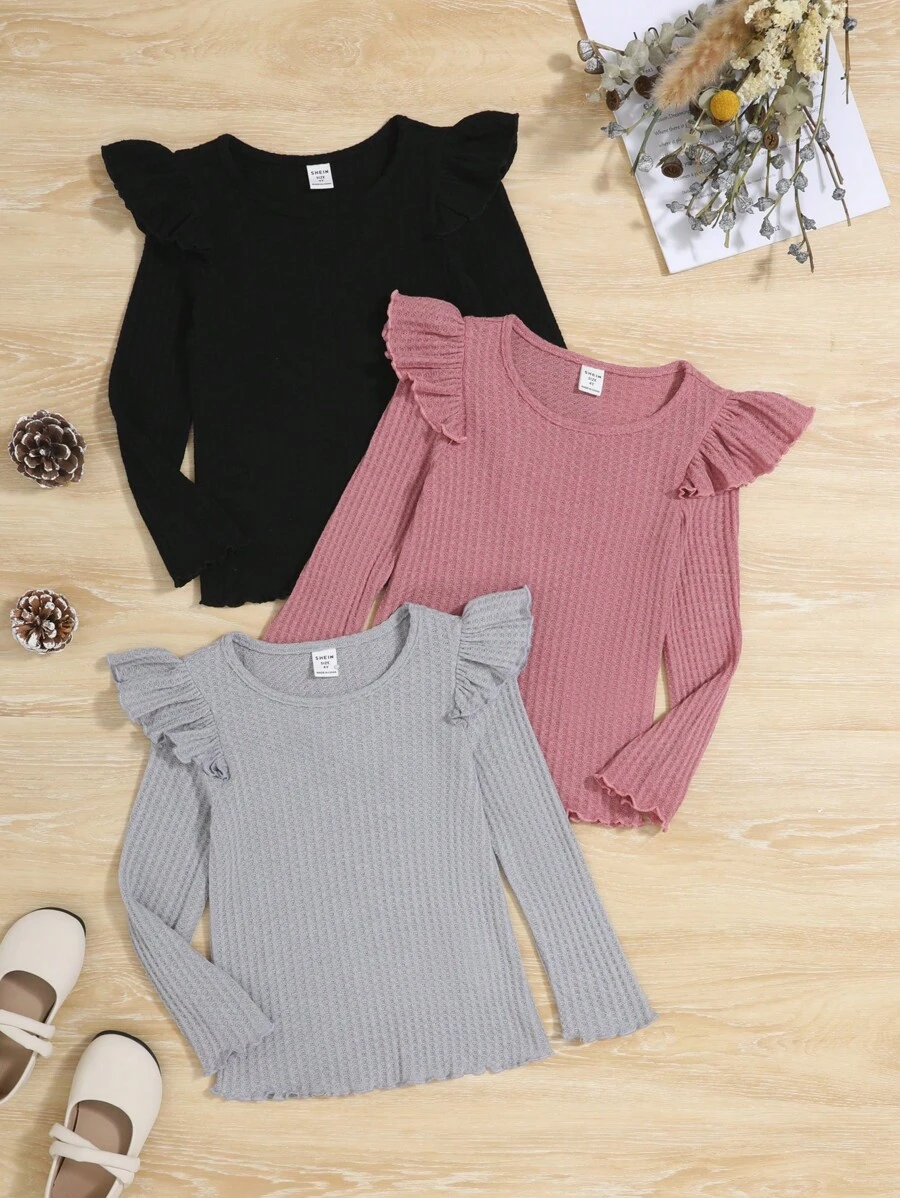 SHEIN Young Girl 3pcs Ruffle Trim Ribbed Knit Tee - Multicolor - View 1