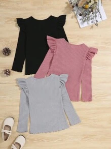 SHEIN Young Girl 3pcs Ruffle Trim Ribbed Knit Tee - Multicolor - View 2
