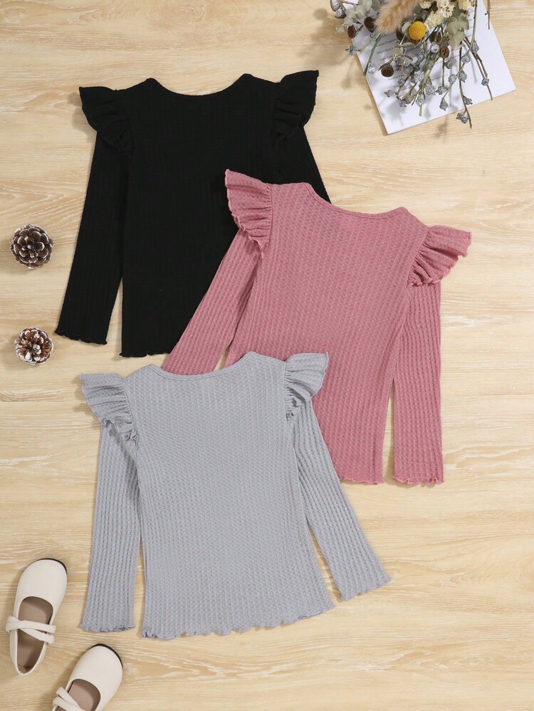 SHEIN Chica Joven, 3 Piezas Camiseta De Punto Acanalada Con Ribete De Volantes - Multicolor - Añade 2
