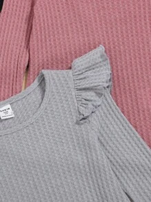 SHEIN Young Girl 3pcs Ruffle Trim Ribbed Knit Tee - Multicolor - View 3
