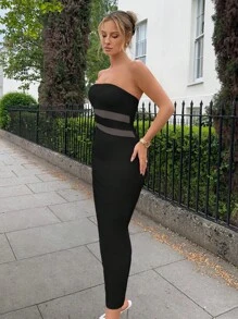 SHEIN SXY Đầm Tương phản Mesh Chia Dây kéo màu trơn Thanh lịch - màu đen - Xem 4