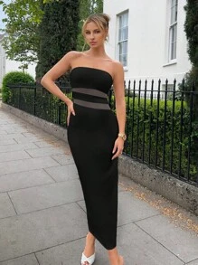 SHEIN SXY Đầm Tương phản Mesh Chia Dây kéo màu trơn Thanh lịch - màu đen - Xem 5