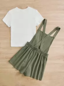 SHEIN Teen Girls Solid Tee & Dual Pocket Overall Romper