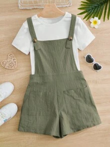 SHEIN Teen Girls Solid Tee & Dual Pocket Overall Romper