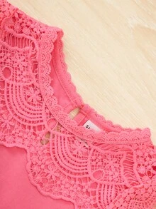 SHEIN 小女童拼接水溶蕾絲背心上衣 - 粉色 - 查看 4