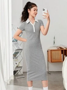 SHEIN 青少年女孩拼接領前紐扣連衣裙 - 淺灰色 - 查看 1