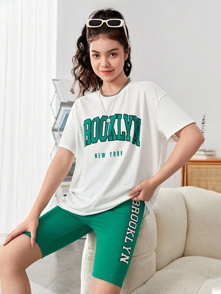SHEIN 青少年女孩字母圖案落肩T恤和騎行褲 - 綠色 - 查看 1