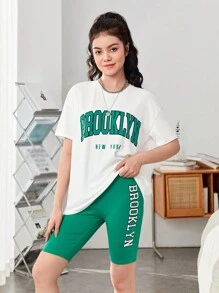 SHEIN 青少年女孩字母圖案落肩T恤和騎行褲 - 綠色 - 查看 3