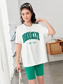 SHEIN 青少年女孩字母圖案落肩T恤和騎行褲 - 綠色 - 查看 4