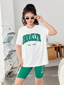 SHEIN 青少年女孩字母圖案落肩T恤和騎行褲 - 綠色 - 查看 5