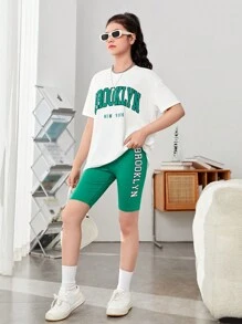 SHEIN 青少年女孩字母圖案落肩T恤和騎行褲 - 綠色 - 查看 6