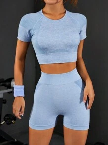 無縫插肩袖運動套裝 - 淺藍色 - 查看 1