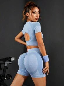 無縫插肩袖運動套裝 - 淺藍色 - 查看 2