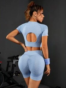 無縫插肩袖運動套裝 - 淺藍色 - 查看 3